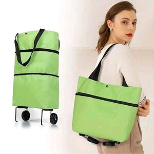 Green black foldable shopping cart tote bag purse women's wheel rolling purse ba